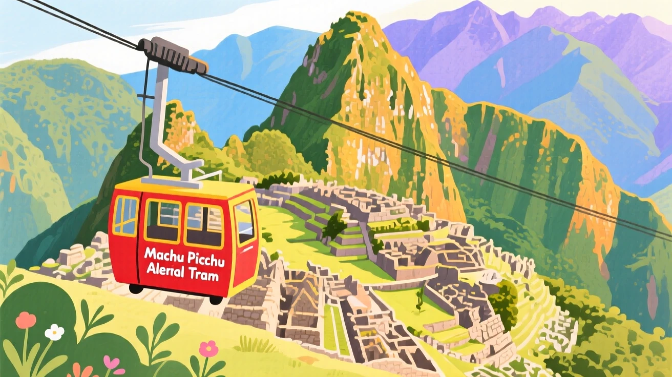 A cable car ascending toward Machu Picchu's ancient ruins, glowing in warm afternoon light.