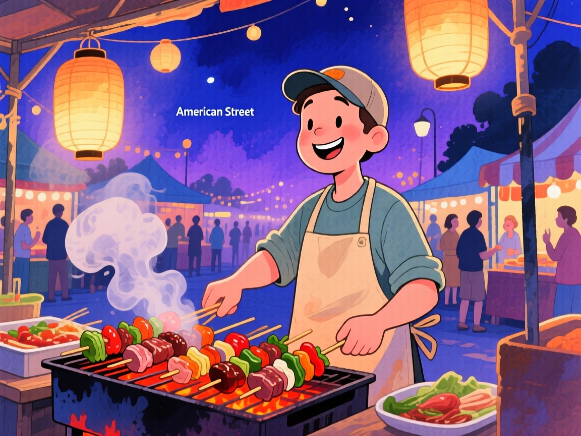 A street vendor grilling skewers over glowing coals at a night market, capturing the joy of sharing a homemade meal.
