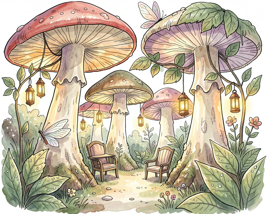 A fairy garden hidden beneath giant mushrooms, tiny lanterns glowing among dew-covered leaves