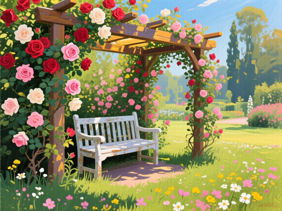 a rose-covered arbor leading to a hidden bench, at the height of summer, with a clear foreground, subject, and distant setting.