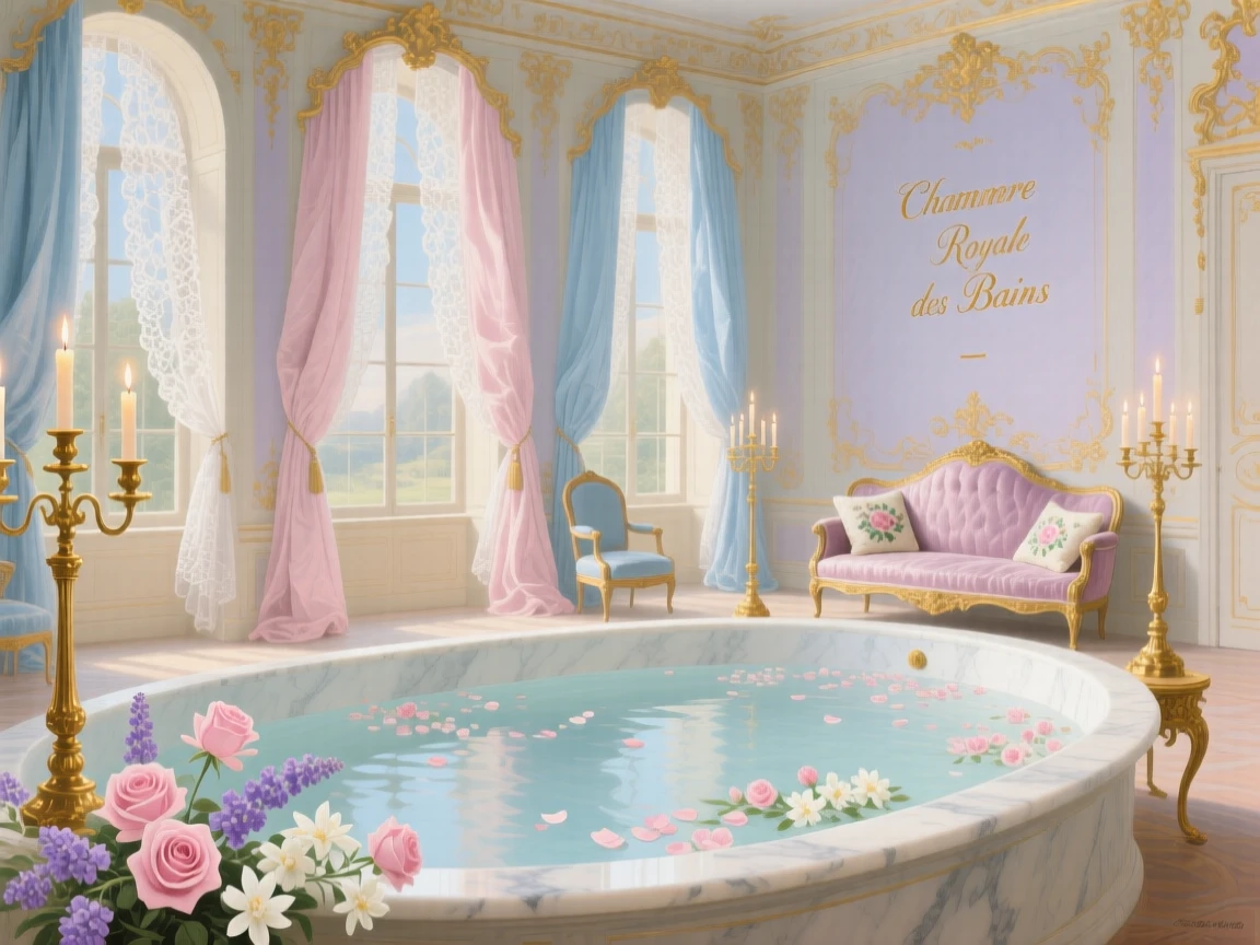 A royal bath chamber with a marble pool, flower petals, and tall arched windows  