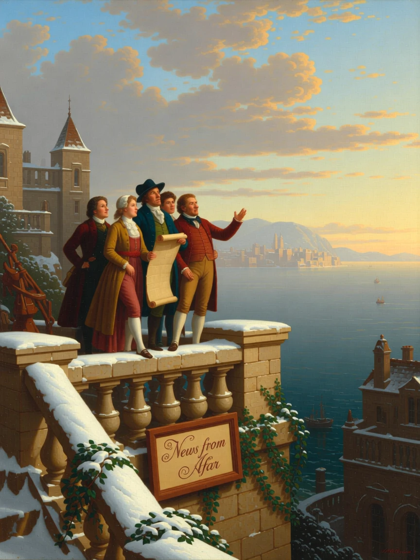 A group of travelers announces news in a hilltop city overlooking the sea while snow dusts the rooftops.