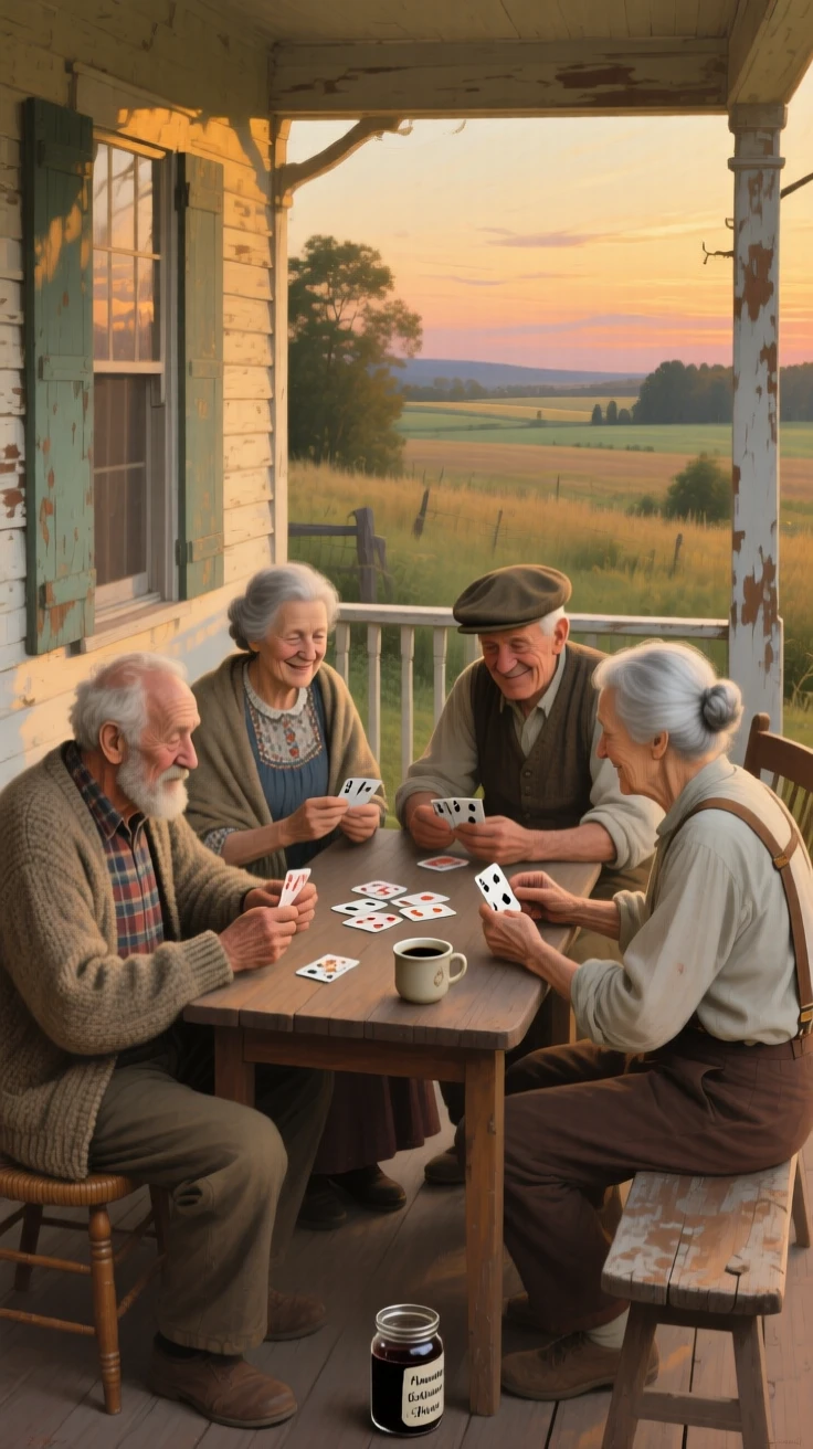 A group of elderly friends playing cards together on a porch at dusk, their clothing and posture reflecting their personality and background, offering a tender and unforgettable glimpse into the human spirit