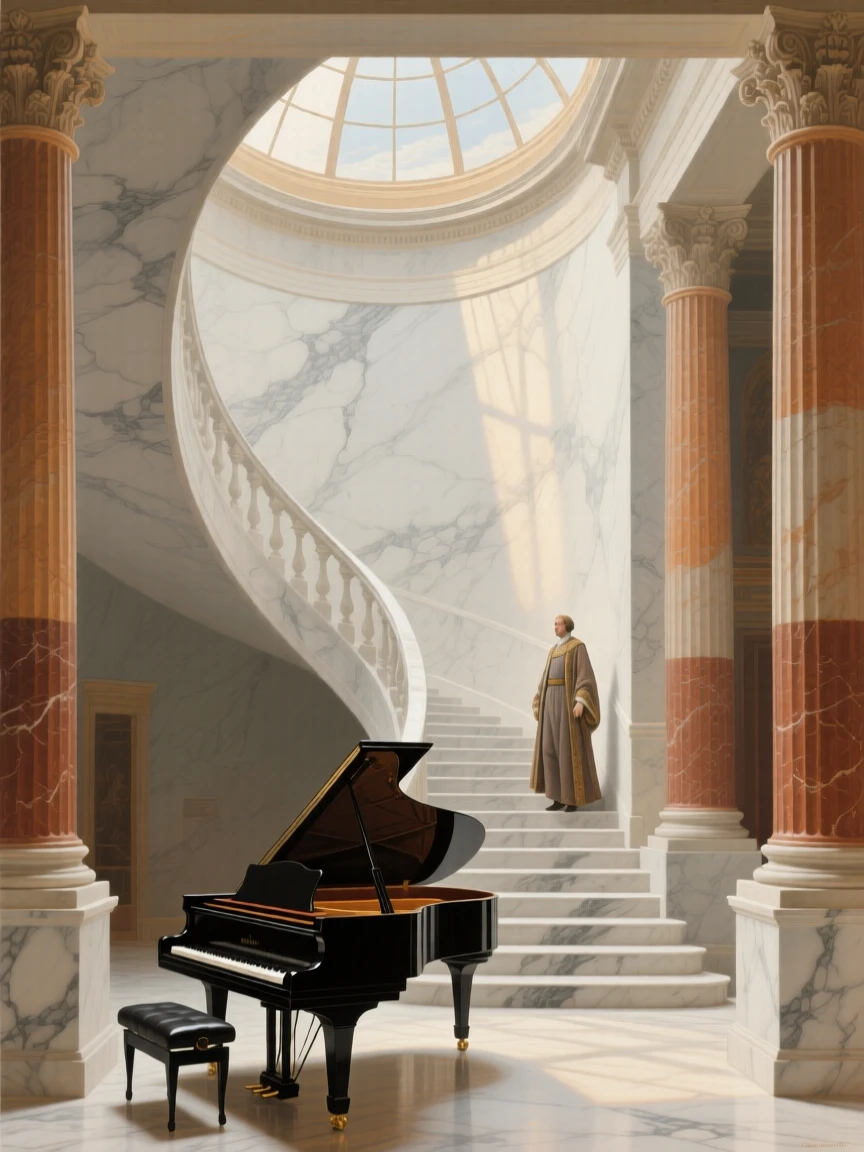 A grand marble staircase spiraling upward beneath a domed skylight resonating with the faint echo of distant footsteps, set within a royal residence steeped in history, with a single grand piano standing beneath a shaft of window light; strong vertical lines of columns lead the eye upward toward the light, evoking timeless grandeur and quiet reverence.