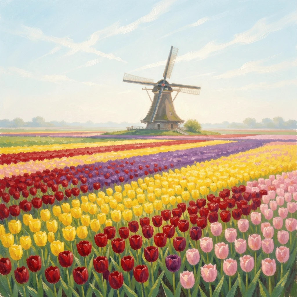 A tulip field in Holland arranged in vivid stripes of color, a distant windmill turning slowly against a pale blue sky.