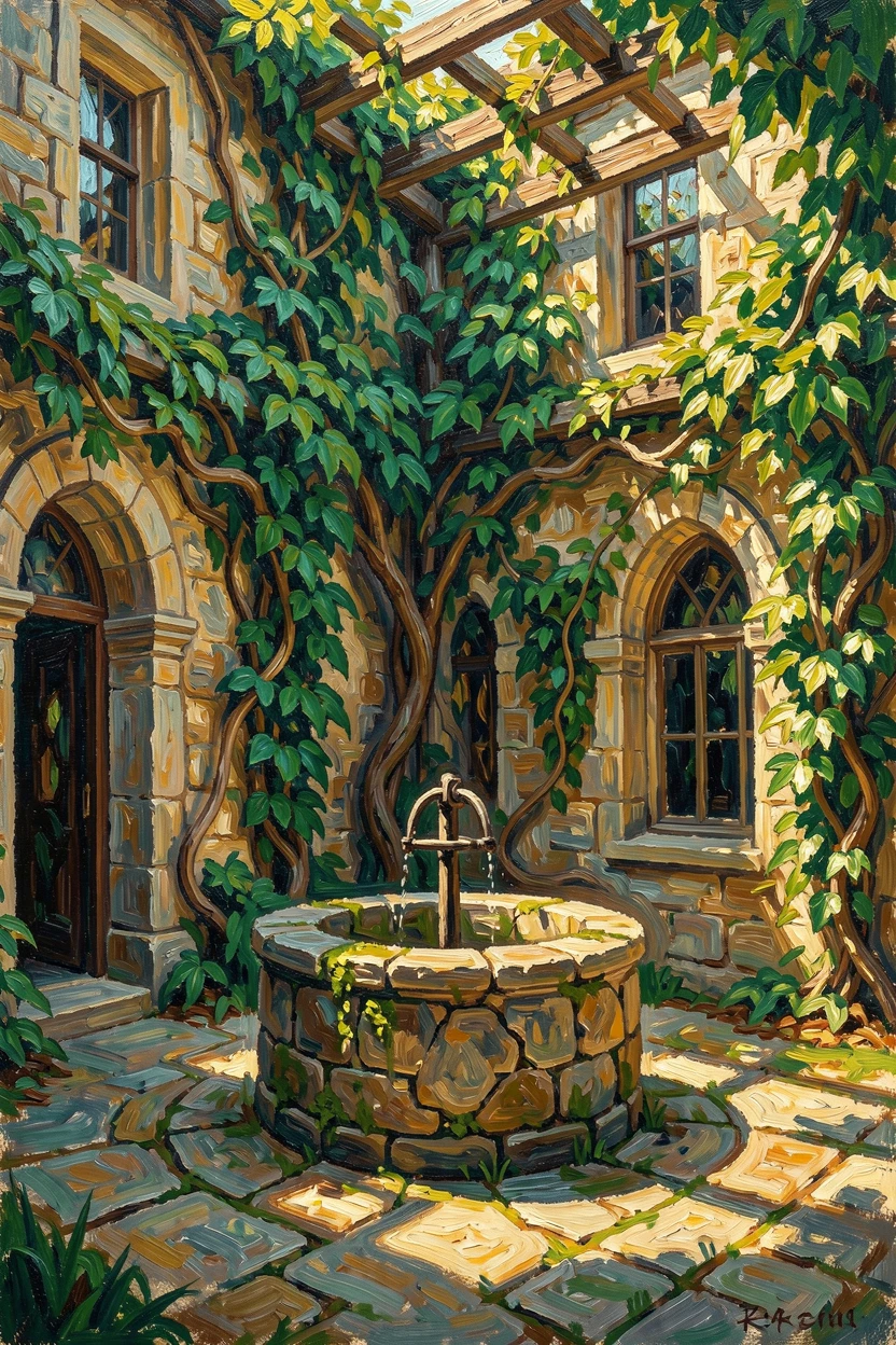 A quiet monastery courtyard with a stone well and climbing ivy in dappled light.