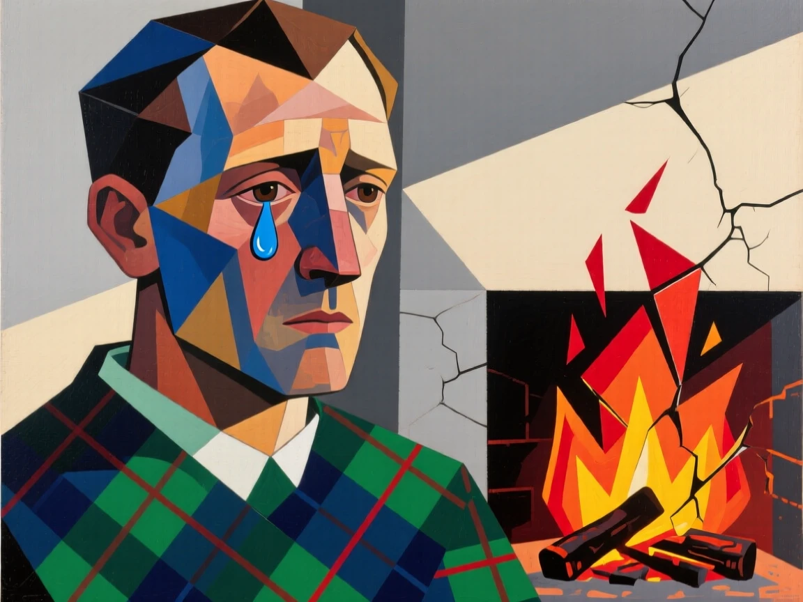 A close-up portrait of a new father of Scottish heritage, shedding a single tear of relief, beside a crackling hearth.