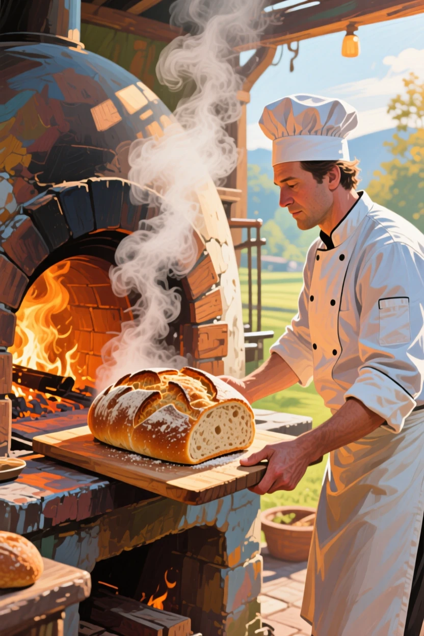 A baker pulling a fresh loaf of crusty bread from a wood-fired oven, steam rising into the morning light