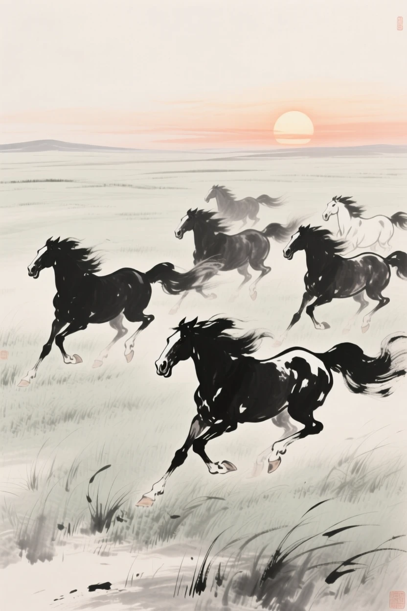 A herd of wild horses gallops across an open grassland, as the sun sinks below the horizon.
