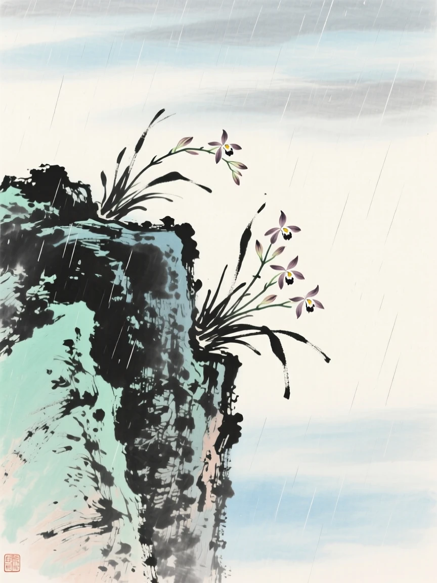 Wild orchids clinging to the face of a misty cliff, as morning mist begins to lift, beneath a sky washed clean by rain.