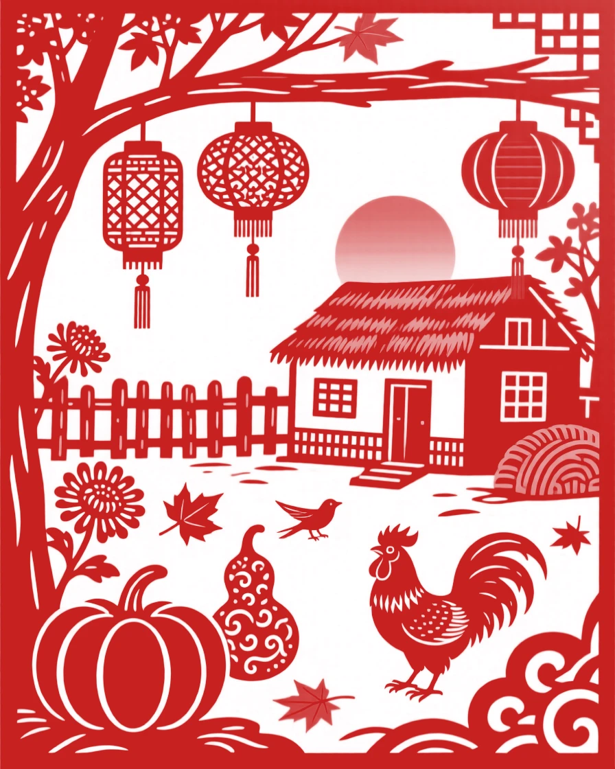 A Autumn scene of a quiet farmyard at day's end, lanterns being hung in preparation for the evening.