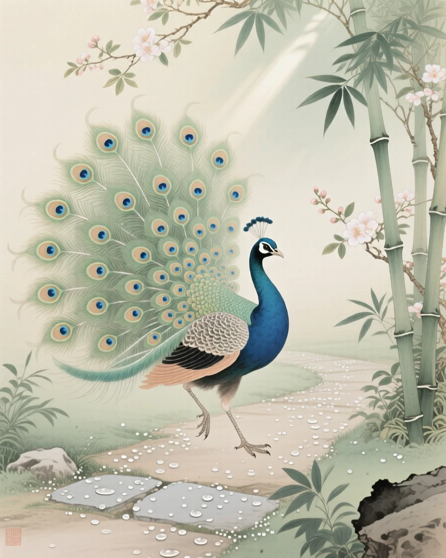 A peacock with its tail fanned open hopping along a dew-covered garden path, soft morning light filtering through the branches