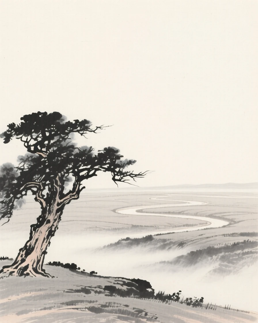 A vast open plain with a single ancient tree standing alone as thin mist rolls slowly through the lower valley, composed with wide open space above to emphasize the scale of the sky, with faint ripples spreading slowly across the surface, carrying a feeling of timeless peace and stillness.