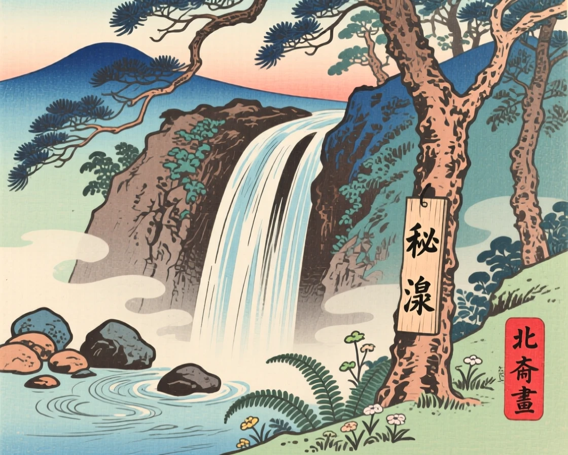 A hidden forest waterfall, bordered by carefully placed stones.