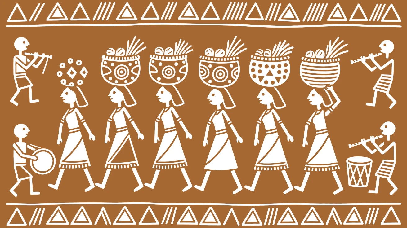 A harvest festival celebrated with women carrying decorated offerings on their heads.