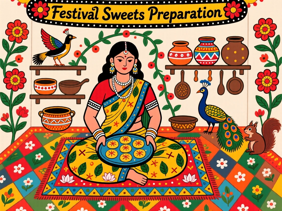 A woman preparing sweets in her kitchen for an upcoming festival.