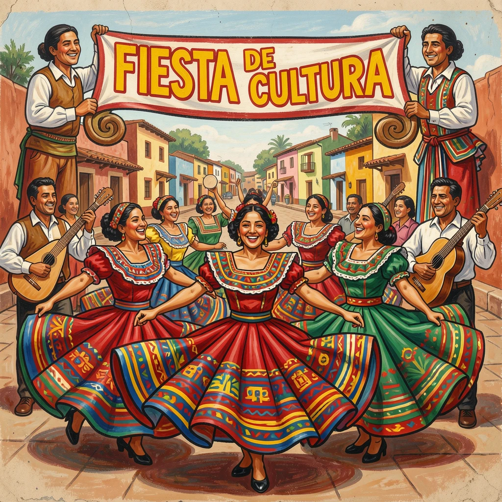 Dancers spinning in colorful skirts during a folk festival