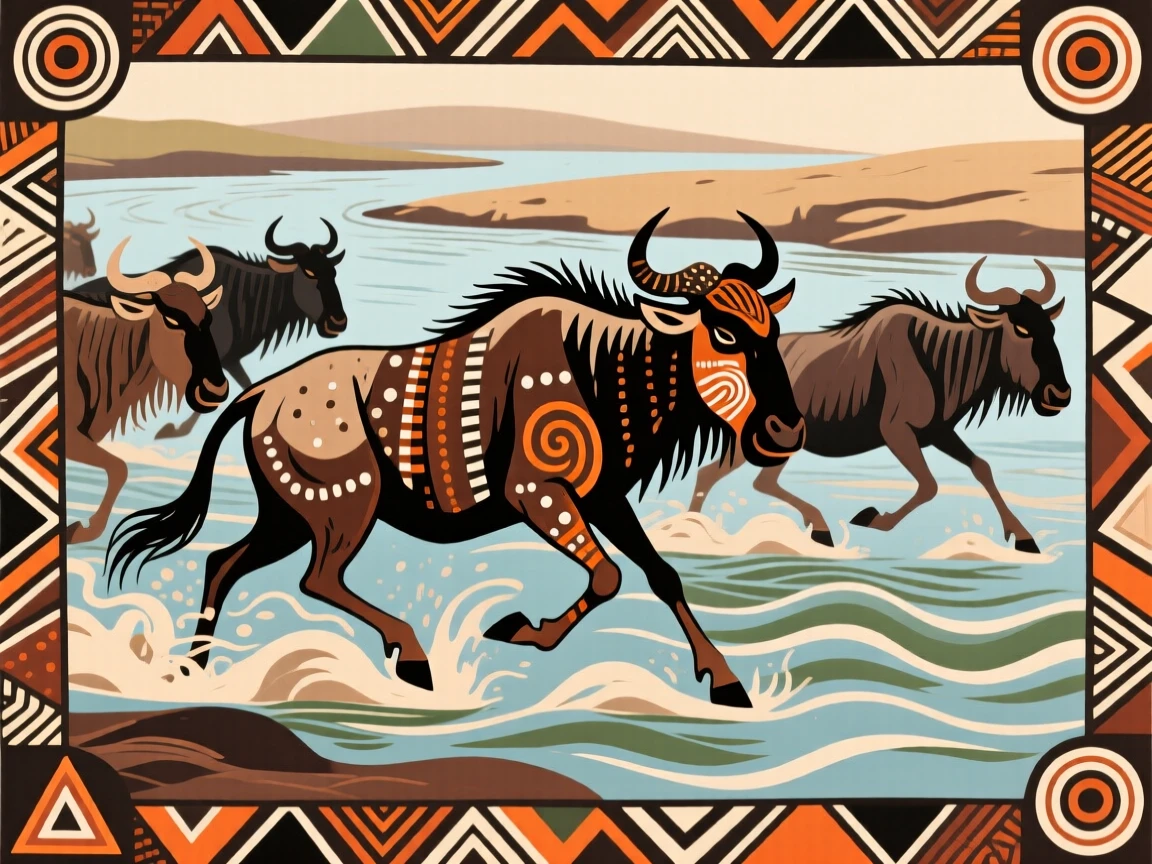 A wildebeest herd thundering across a river during migration.