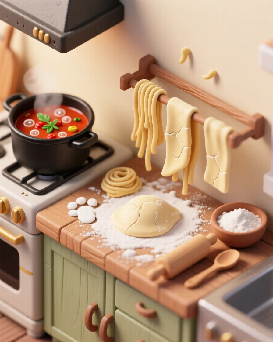 A cozy Sunday scene of making homemade pasta, flour dusting the counter, dough drying on racks, and a pot of sauce simmering on the stove.