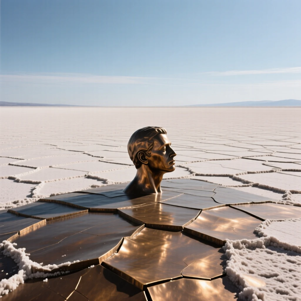 A dramatic salt flat stretching to an endless horizon, with a serene, contemplative atmosphere, offering a breathtaking sense of place