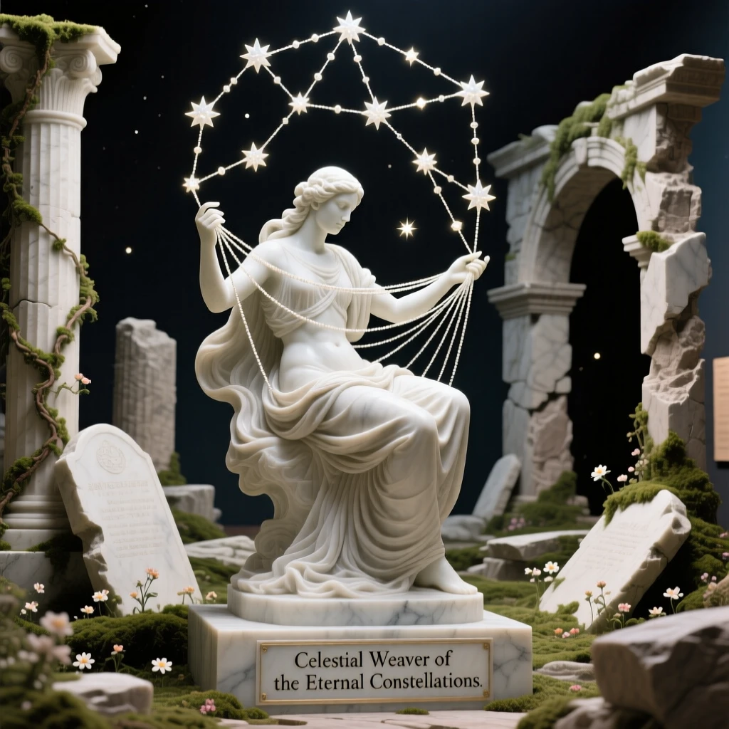 An epic scene of a celestial being weaving constellations by hand, amid ancient ruins reclaimed by nature, evoking myth and grandeur