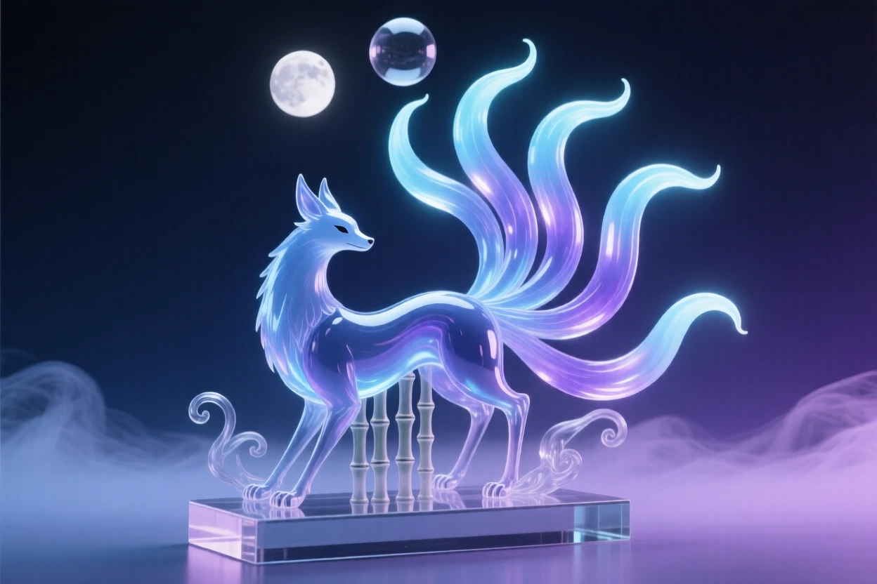 A kitsune with nine glowing tails in a bamboo forest under a twilight sky filled with two moons, atmospheric fog rolling through the scene, feeling mysterious and enchanting.