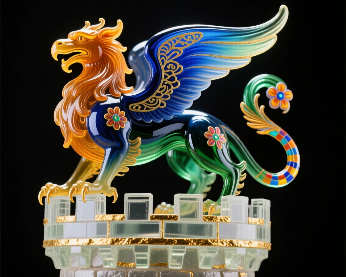 A griffin perched atop an ancient castle tower, guarding the realm below, noble and fierce.