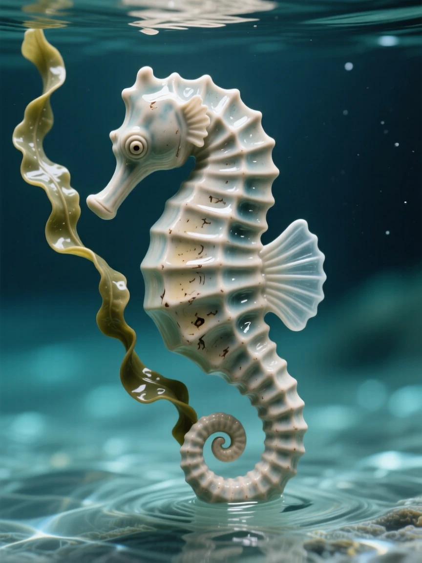 A curled seahorse clinging to a strand of kelp captured mid-glide through crystal waters, its fins trailing like delicate ribbons, stirring wonder at the mysteries of the deep.