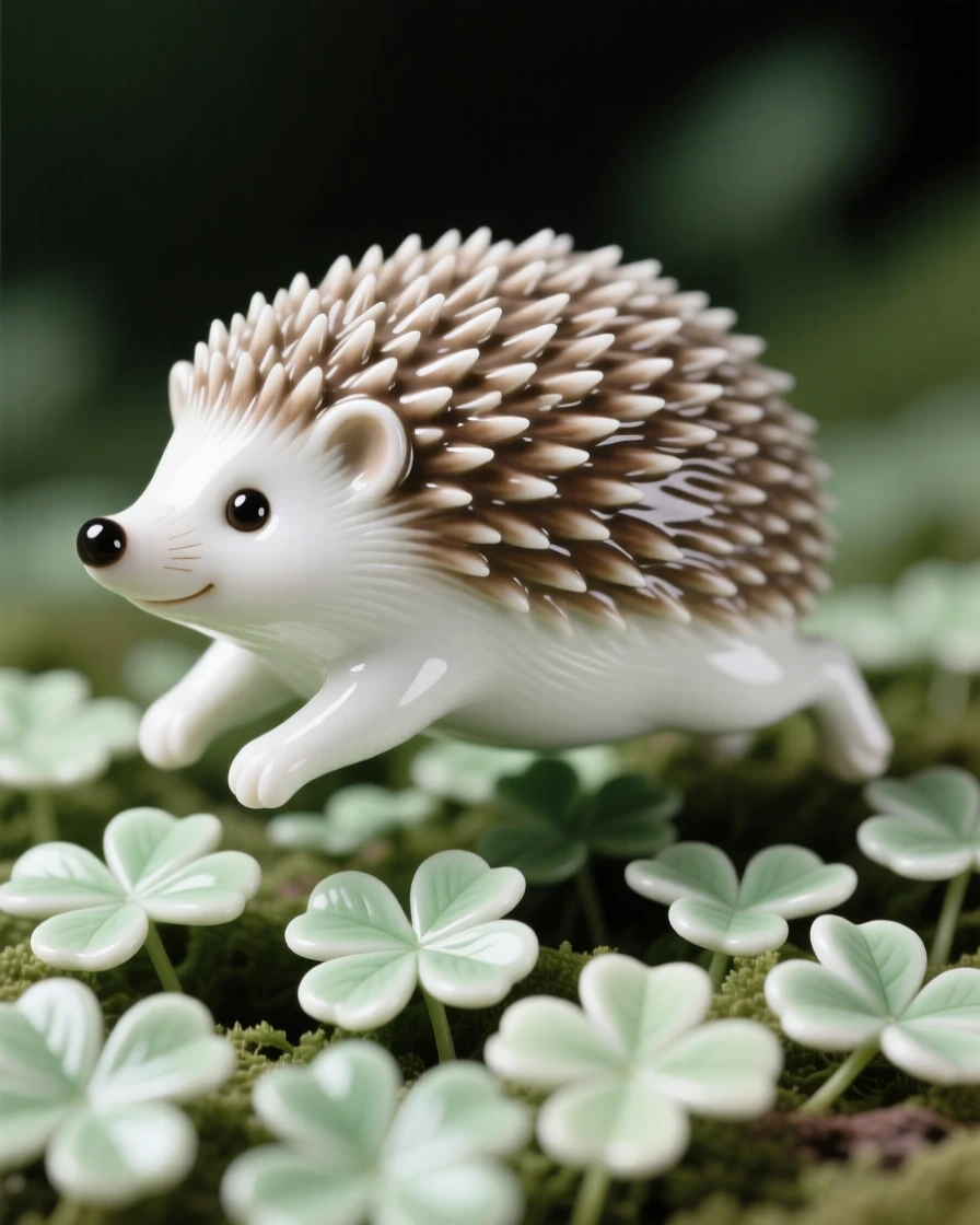 A tiny hedgehog hopping through a bed of clover, radiating quiet, gentle charm.