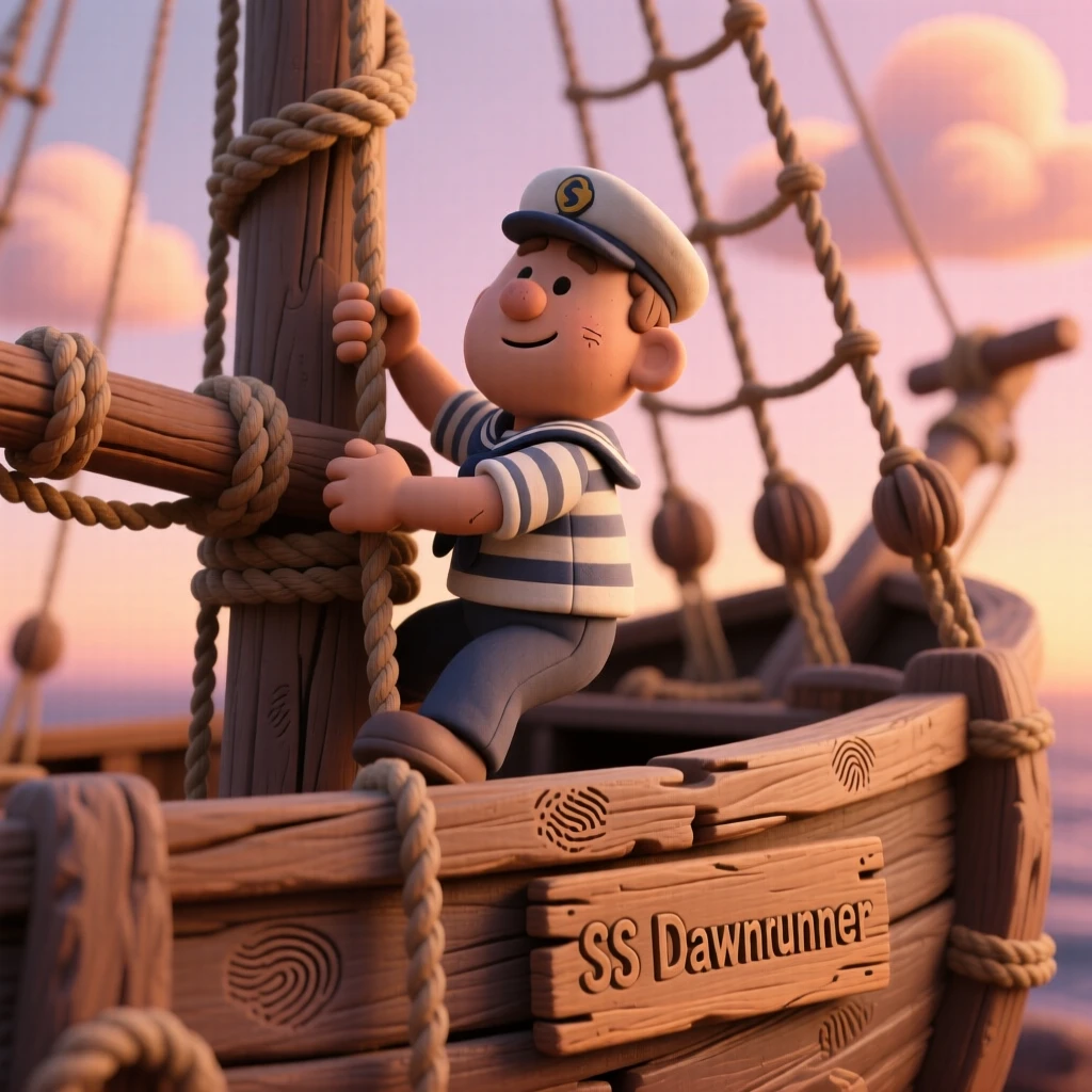 A sailor climbing the rigging of an old wooden ship at dawn