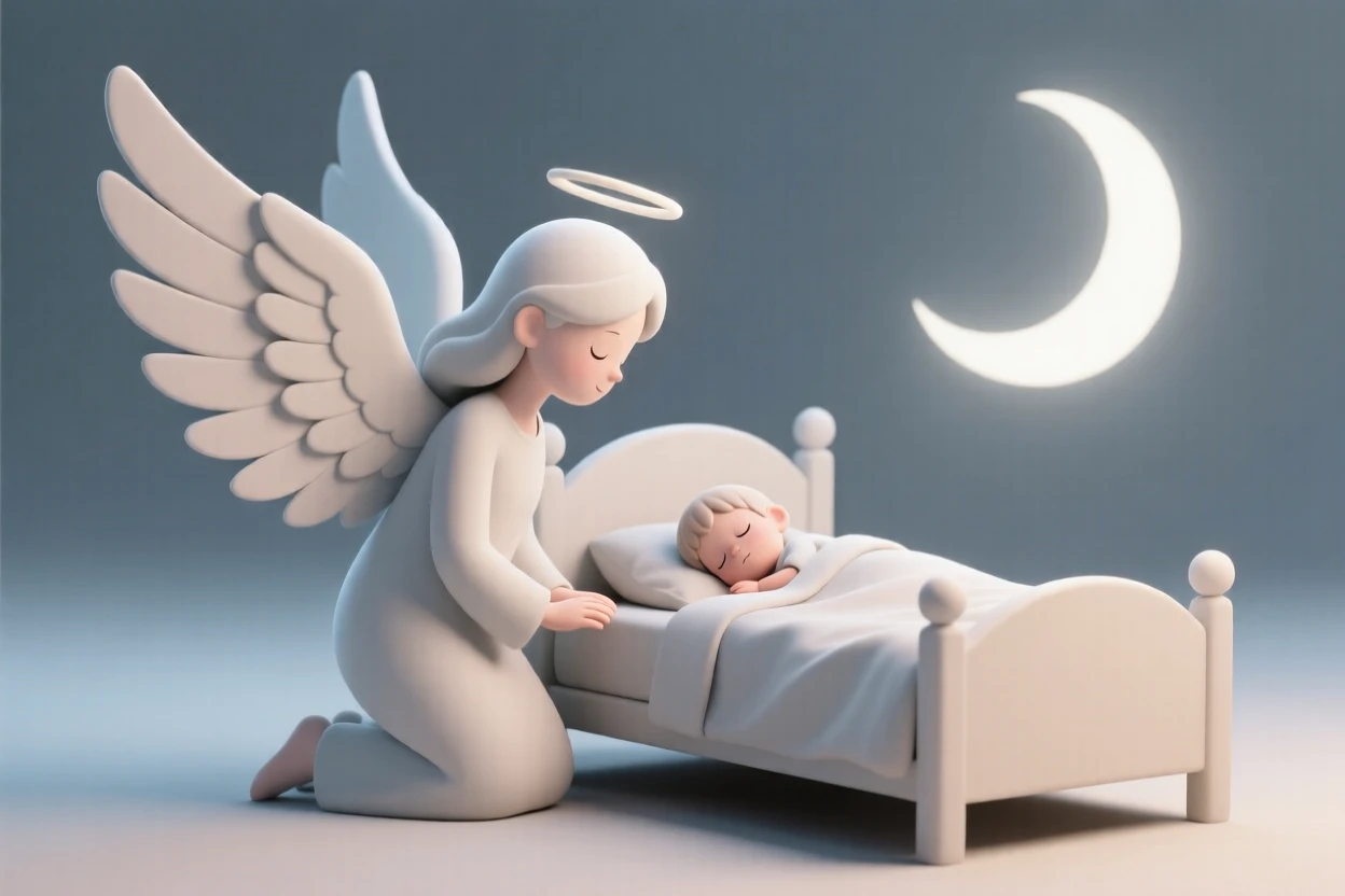 A radiant angel with enormous feathered wings kneels gently beside a sleeping child's bed, moonlight glowing softly around her.