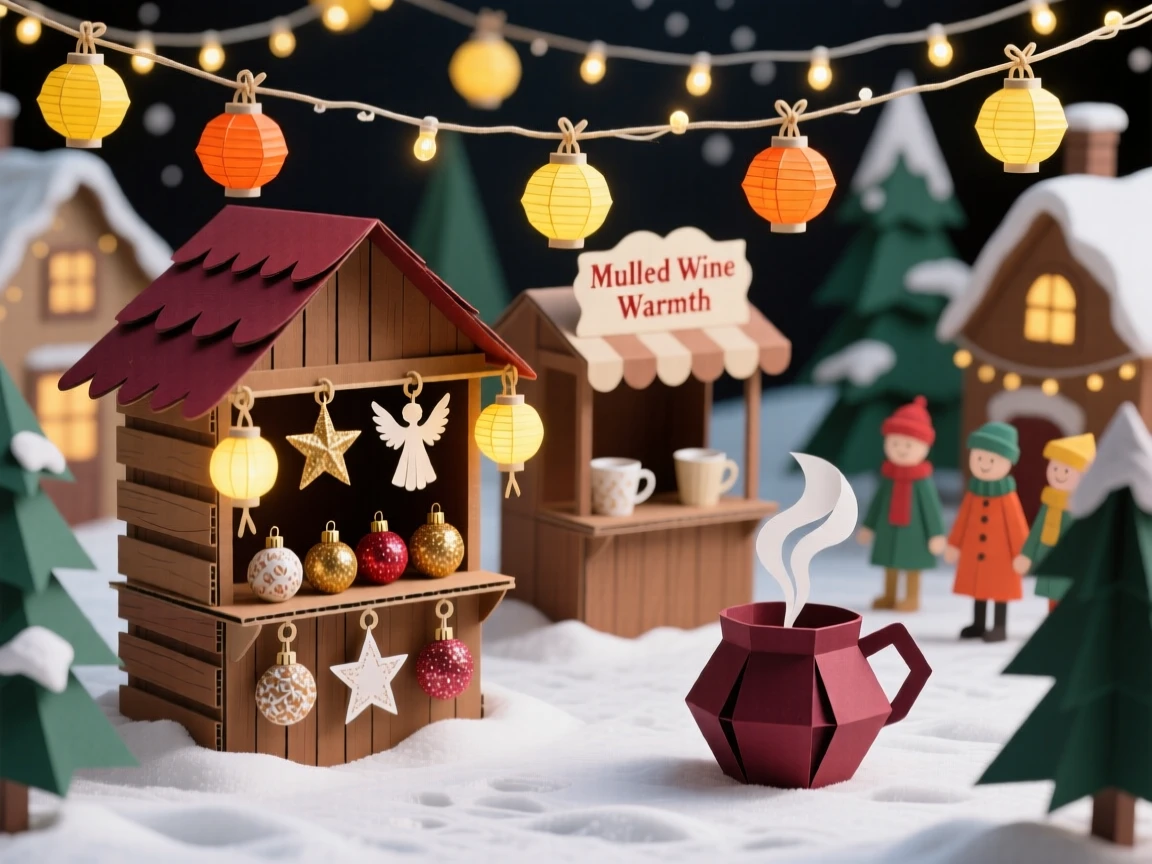 A charming winter village square with a glowing Christmas market, wooden stalls selling ornaments and mulled wine beneath strings of golden lights, evoking joyful holiday tradition.