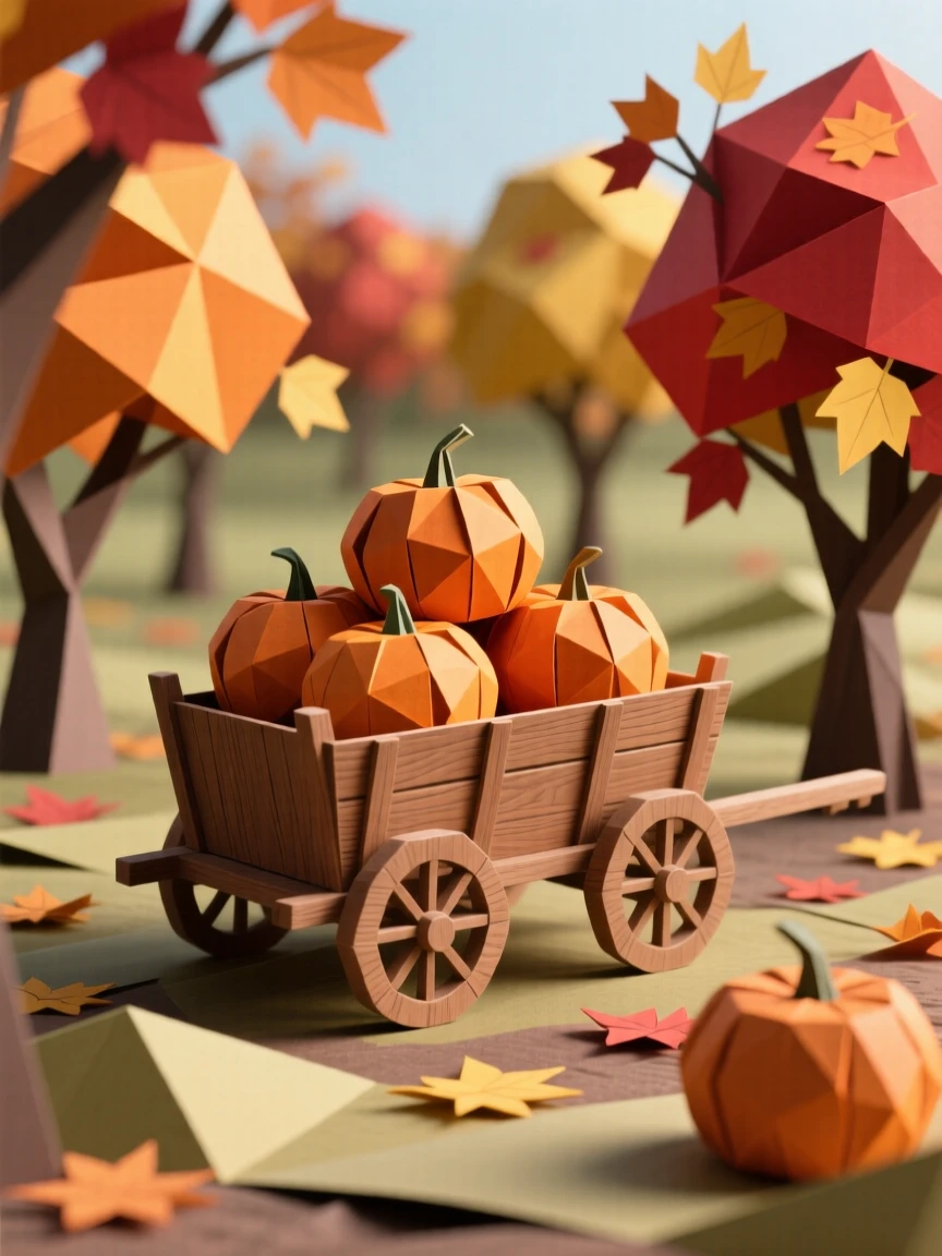 A peaceful autumn orchard with a wooden cart full of freshly picked pumpkins.