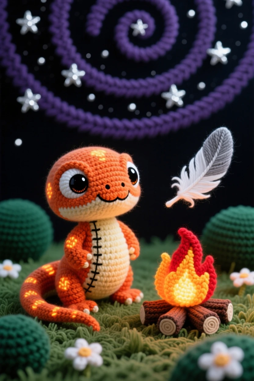 A charming portrait of a small baby salamander fire spirit, with gently glowing orange markings, curling up beside a warm campfire beside a single floating feather catching the light in a starlit meadow beneath a swirling night sky, conveying curious innocence meeting a magical world.