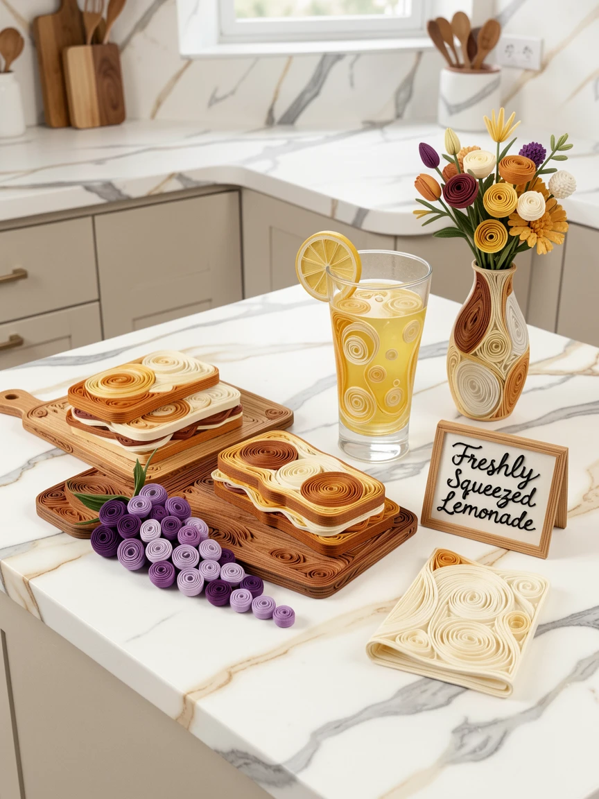 a picnic spread of sandwiches, grapes, and lemonade, on a marble countertop in a modern kitchen, arranged with complementary props scattered around, in warm, appetizing tones of amber and cream.