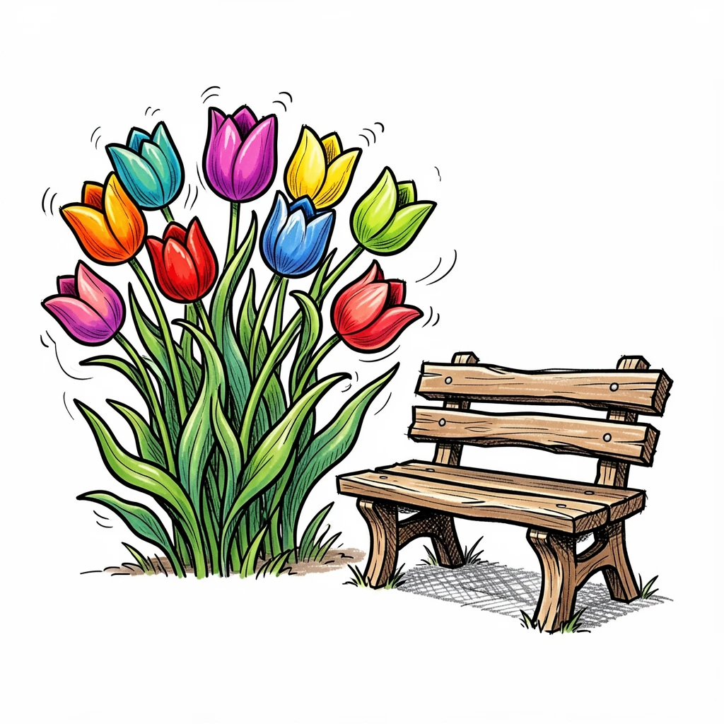 A bed of tulips in a rainbow of colors beside a wooden garden bench.