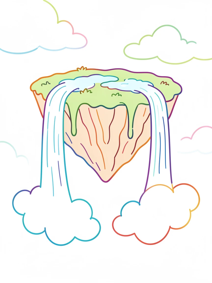 A floating island suspended in the sky, waterfalls pouring off its edges into clouds.