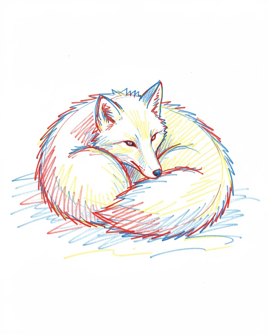 A pair of arctic foxes curled together for warmth in the snow