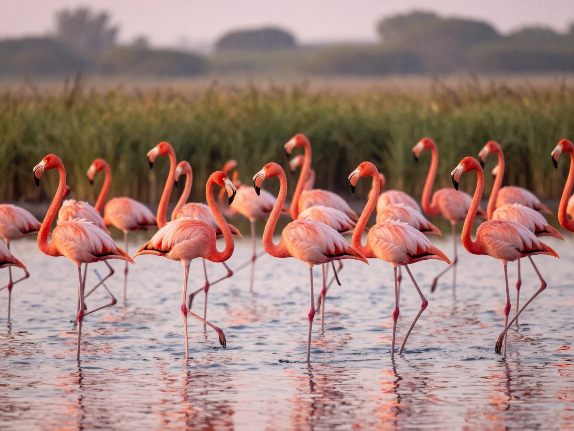 A flamingo flock wading through pink-tinted water