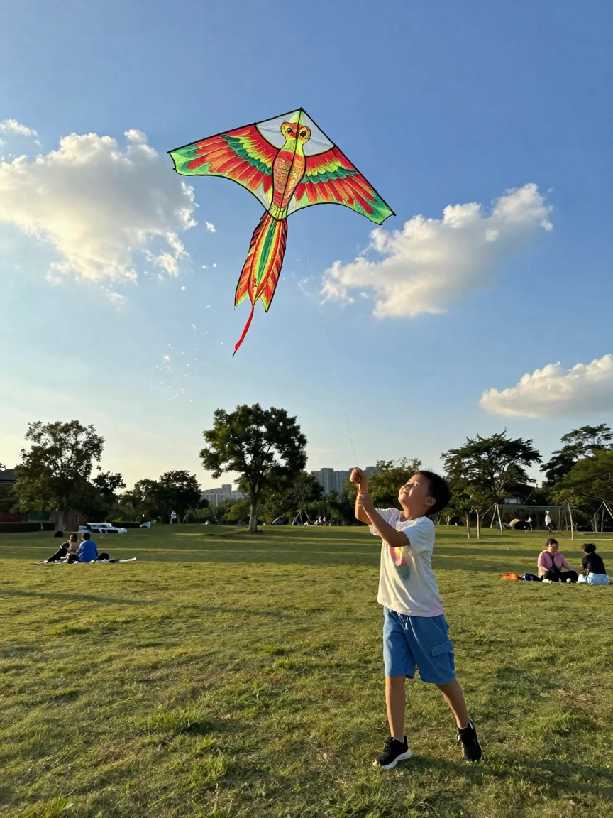A child flies a kite shaped like a phoenix that seems to trail sparks across the sky.