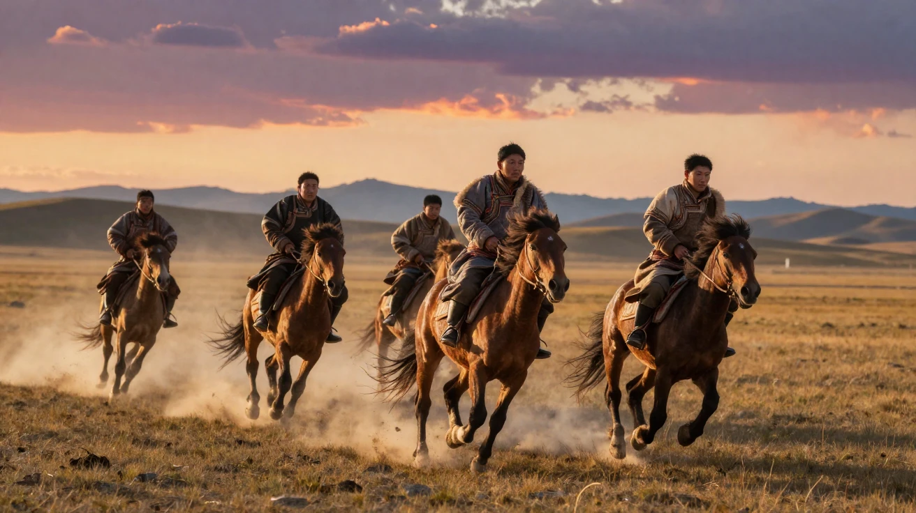 A group of Mongolian horsemen racing across the open steppe