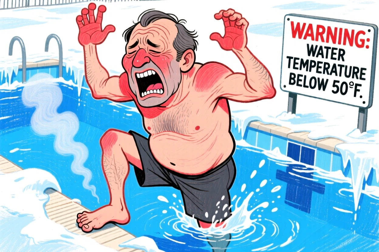 A man wincing as he steps into a freezing cold swimming pool.
