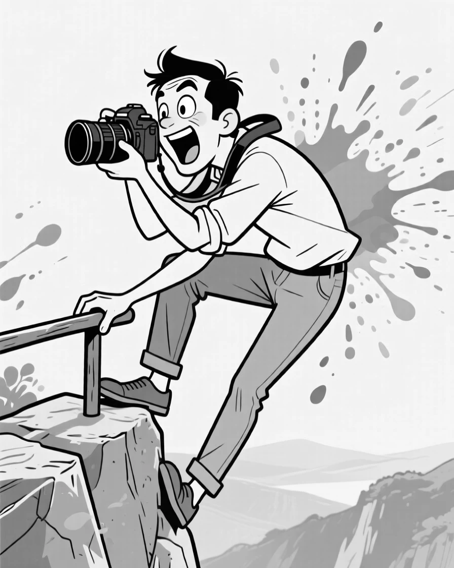 A photographer contorted for the perfect shot, clinging on with one hand and a wide-eyed grimace, set at the edge of a scenic overlook. Paint splatters form an accidental abstract masterpiece. There's pure, giddy passion radiating from the scene.
