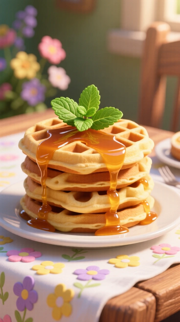 A stack of fluffy waffles drizzled with syrup sits on a tablecloth decorated with fresh flowers, garnished with a sprig of fresh mint. A cheerful, mouthwatering warmth surrounds the dish.