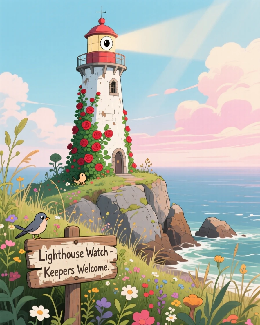 A charming view of a lighthouse standing watch on a rocky point, surrounded by climbing roses and untamed gardens.