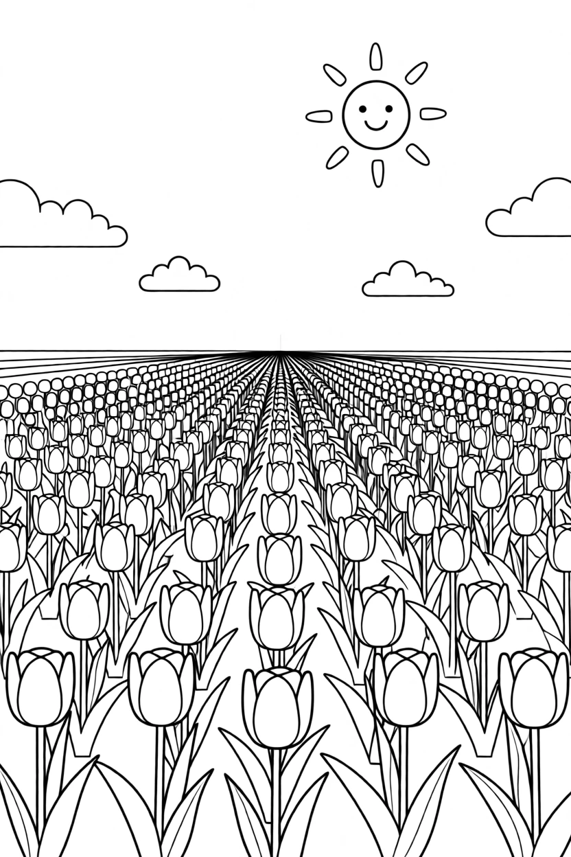 A field of tulips in neat rows under a bright sky