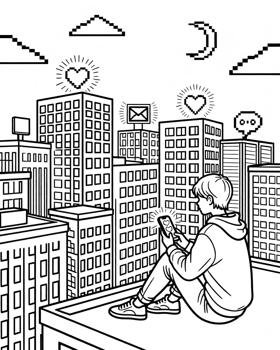 A pixel-inspired cityscape glowing at night, with notification icons subtly glowing on the screen.
