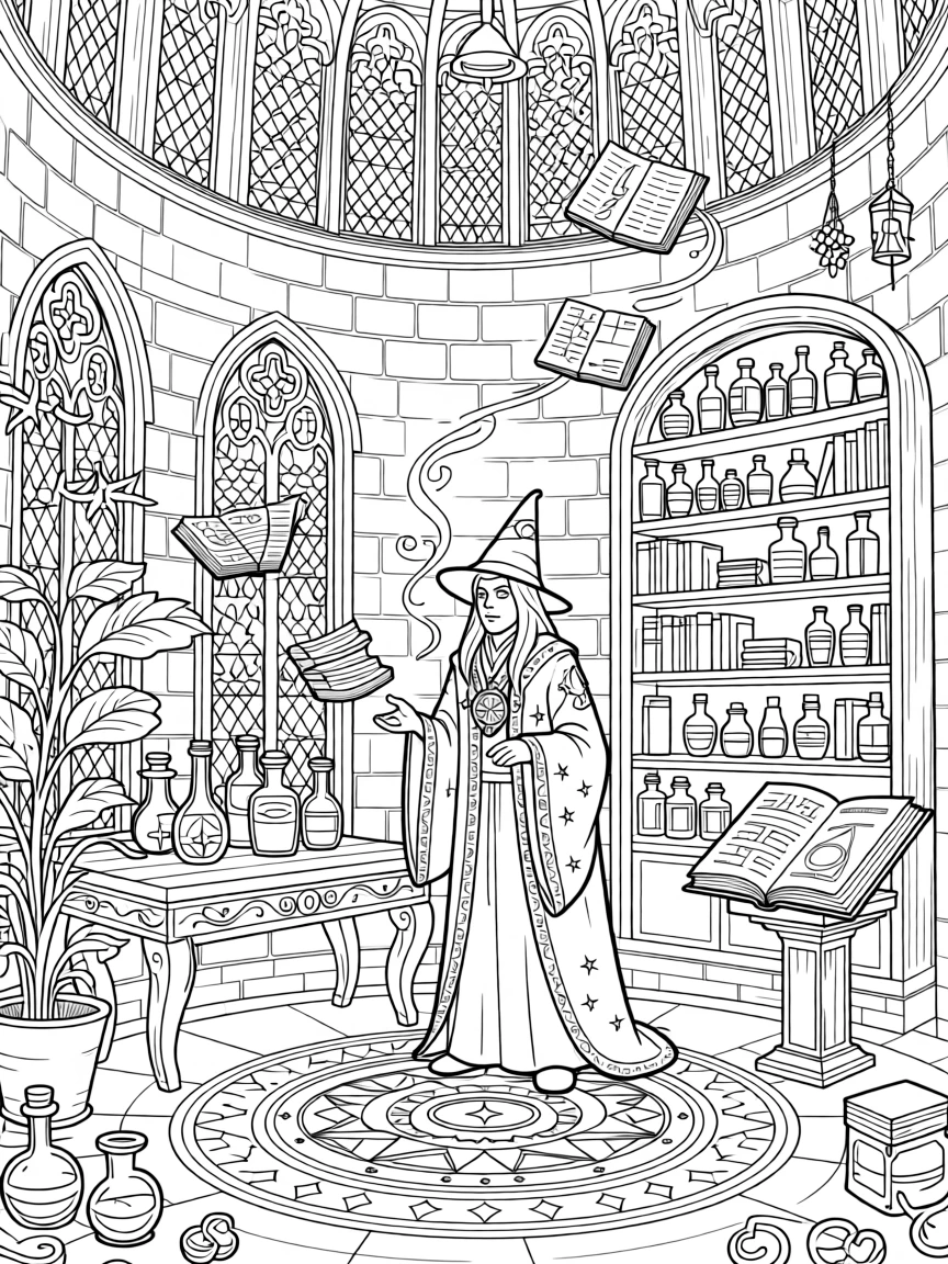 A wizard's tower filled with glowing potion bottles and floating books.