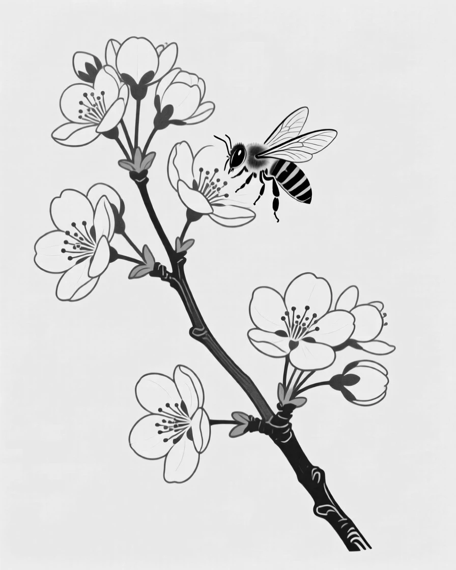 A branch of apple blossoms with a bee visiting