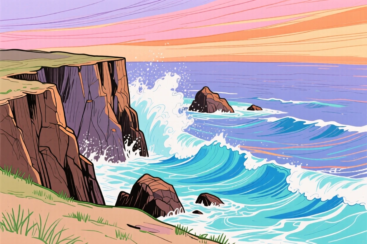 A dramatic cliffside view of crashing ocean waves at sunset.